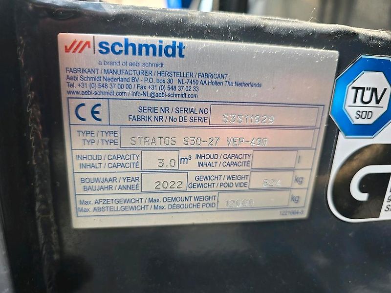 Neuwertiger Schmidt Stratos S30-27 VEP-490 Salzstreuer für Hakenlift Abrollcontainer Streuautomat Winterdienst Streusilo für LKW
